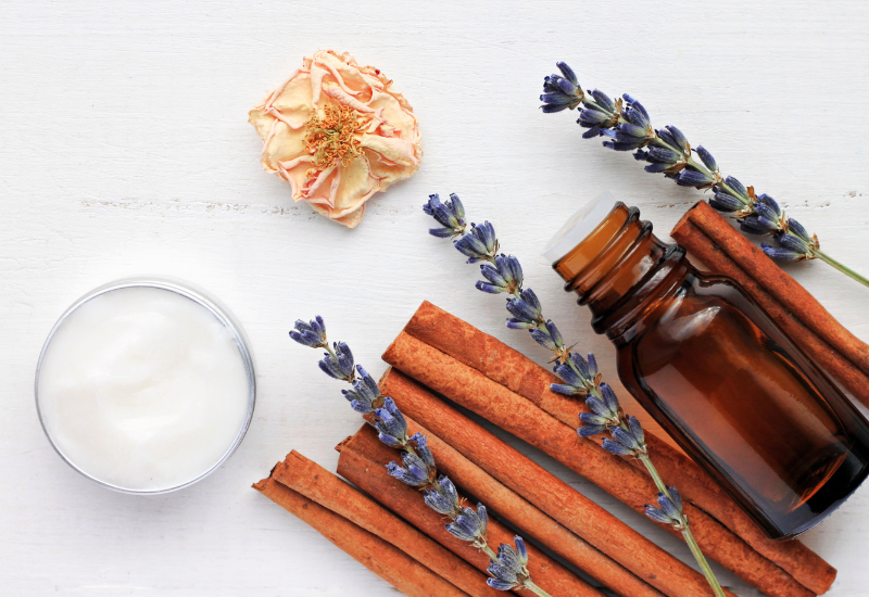 cinnamon sticks, essential oil. and lavender flowers