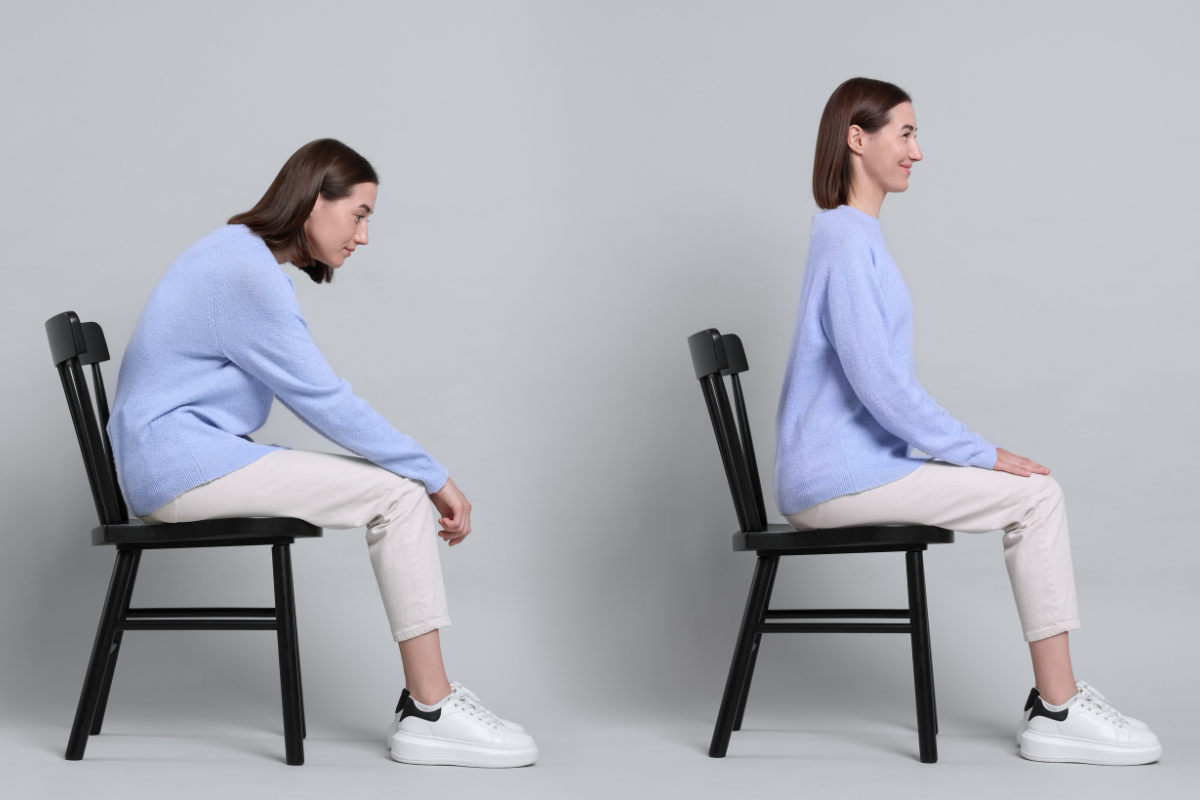 a girl sitting on a chair with a slouched back and then with a straight back 