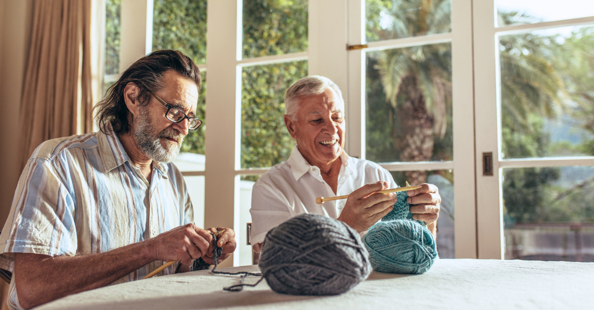 Two people knitting indoors together.