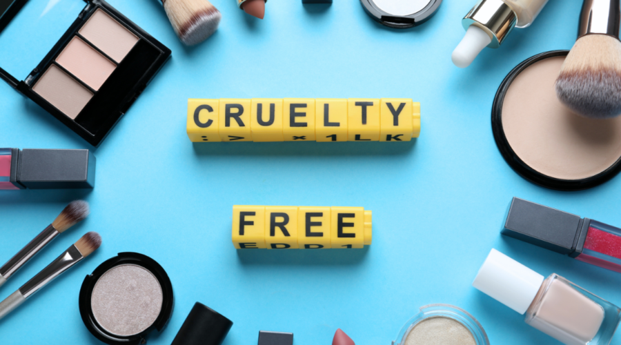 cruelty free cosmetics spread on a table